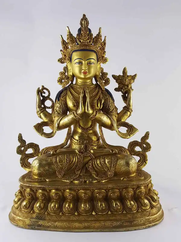 Statue de Chenrezig en cuivre avec visage peint