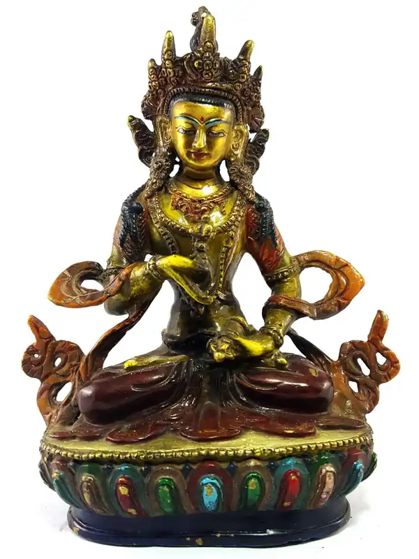 Statue de Vajrasattva en thangka, finition colorée artisanale.