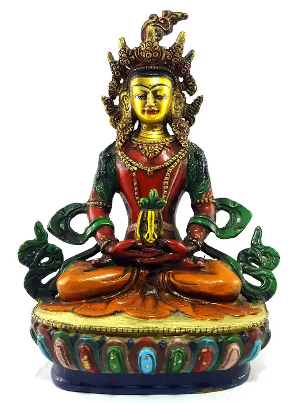 Statue Thangka artisanale d’Aparmita avec finition colorée.