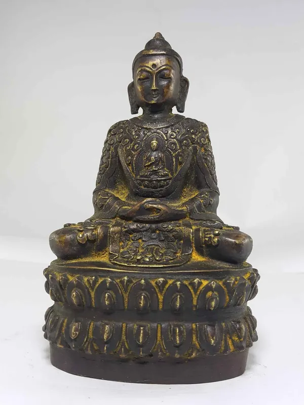 Statue de Bouddha Amitābha en cuivre et sculpture de sa vie.