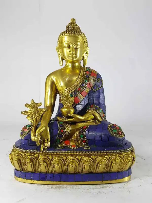 Statue du Bouddha de la Médecine en fonte de sable avec mise en pierre.