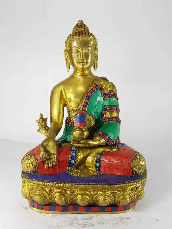 Statue du Bouddha de la Médecine en Fonte de Sable avec Mise en Pierre