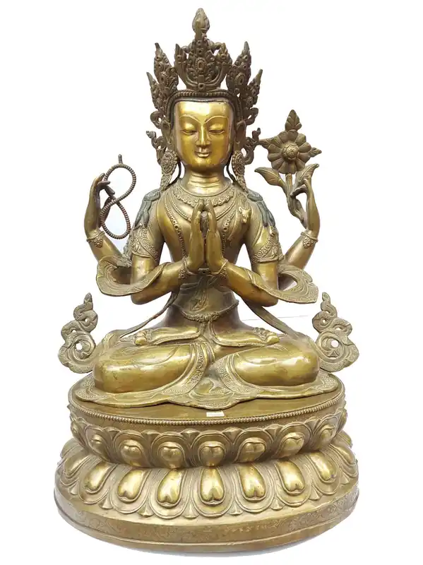 Statue de Chenrezig avec finition en sueur sur base double lotus