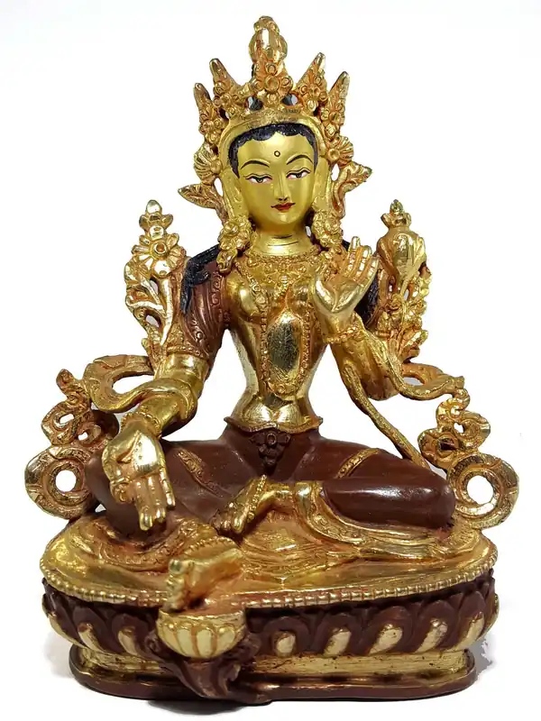 Statue bouddhiste de Tara verte à visage peint, provenant du Népal.
