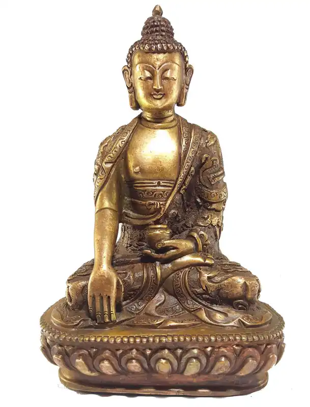 Statue de Shakyamuni Bouddha avec un profond relief et une finition en bronze.