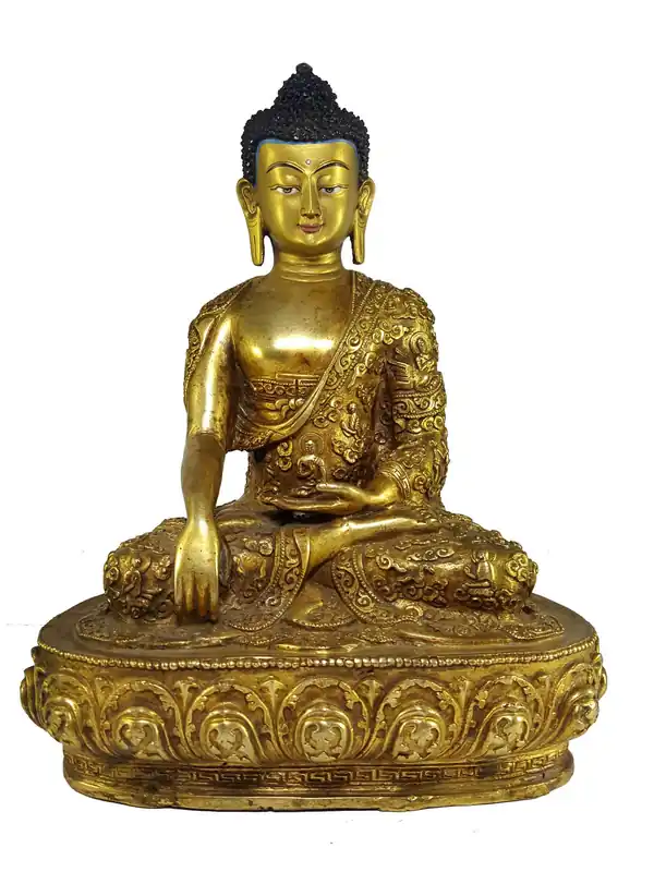 Statue de Shakyamuni Bouddha avec sculpture en relief de la vie du Bouddha.
