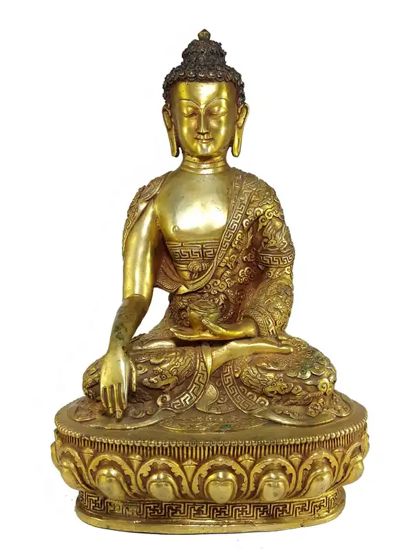 Statue de Shakyamuni Bouddha avec un visage sculpté à la main représentant l’histoire de la vie du Bouddha.