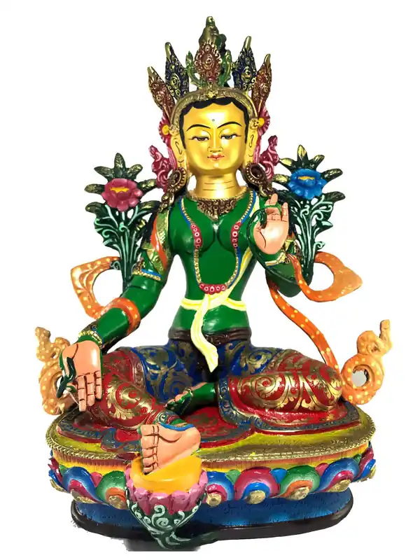 Statue de Tara Verte Finition en couleur Thangka