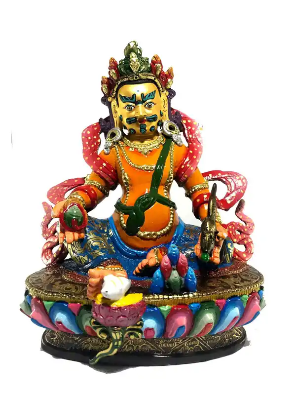 Statue de Jambala Jaune Finition de Thangka en Couleur