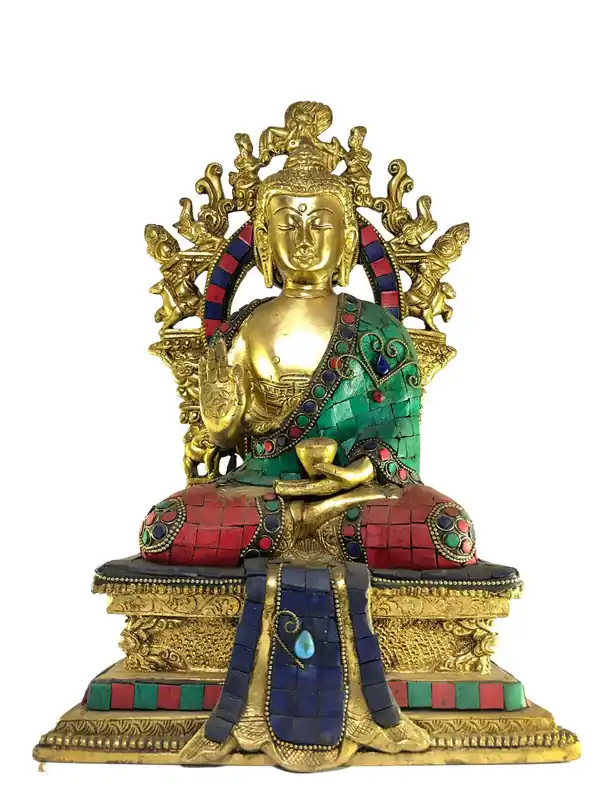 Statue du Bouddha de la bénédiction sur trône avec incrustation en pierre