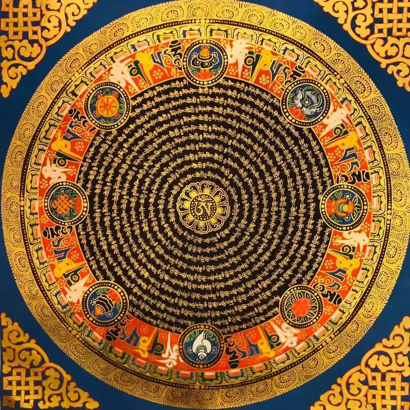 L’Om Mantra Mandala avec les 8 symboles auspicieux