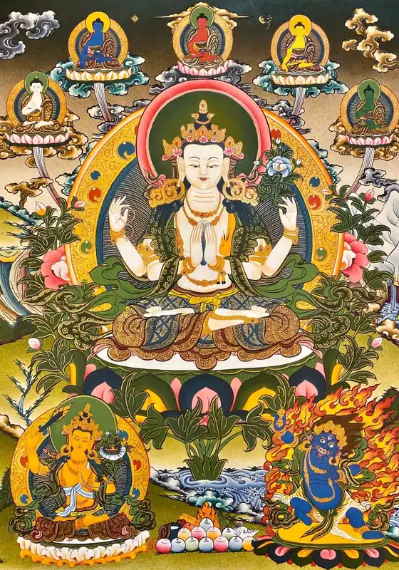 Chenrezig avec Thangka des 5 Bouddhas Dhyani