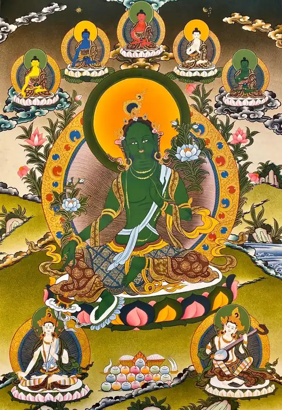 Green Tara with 5 Dhyani Buddha Thangka