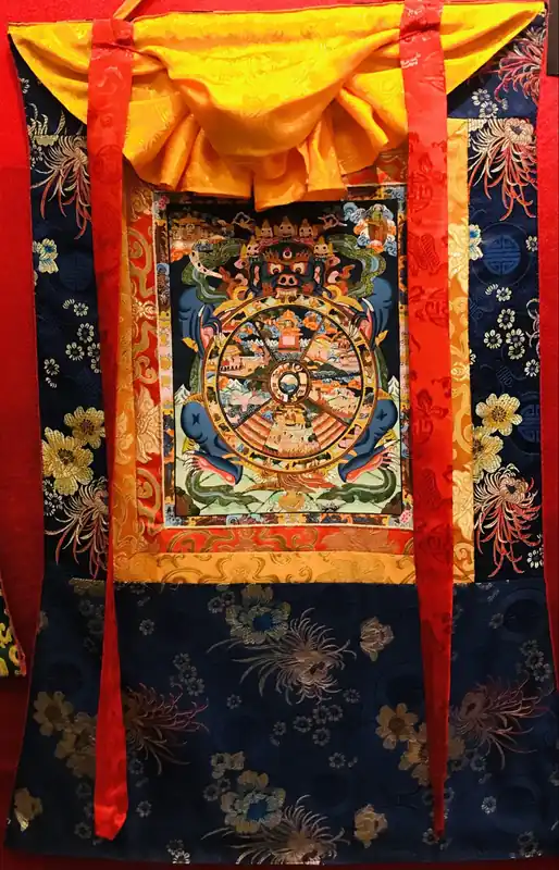 Thangka de la Roue de la Vie encadrée de soie