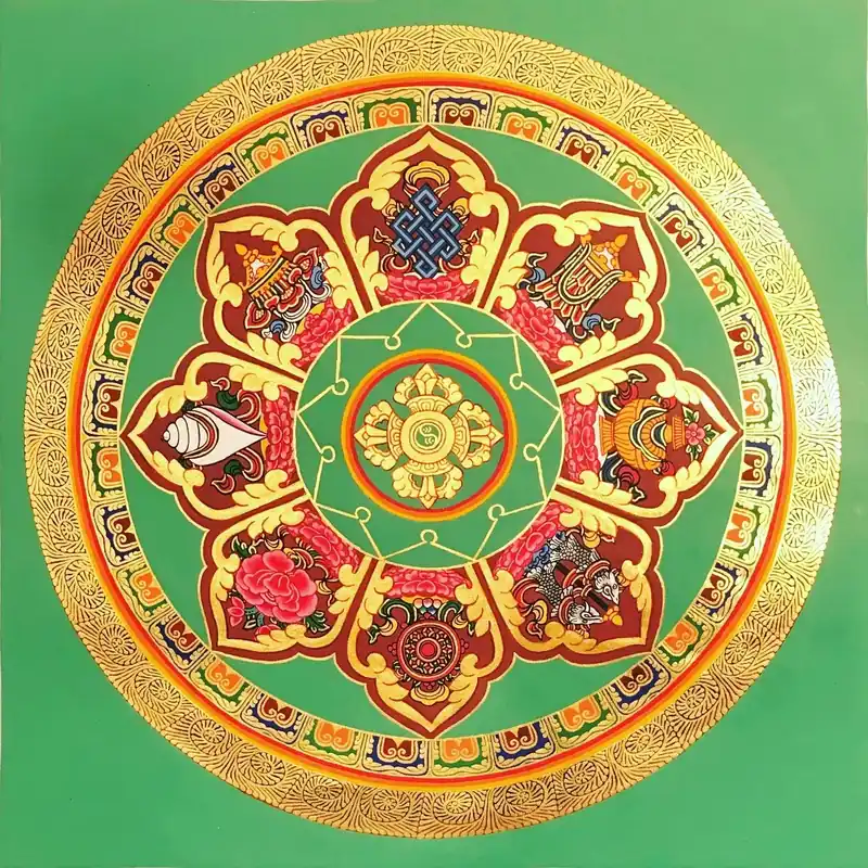 Om Mandala avec 8 Symboles Auspicieux