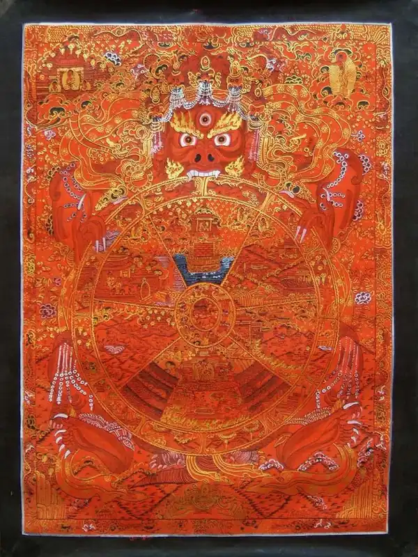 Peinture de Thangka de la Roue de la Vie Rouge