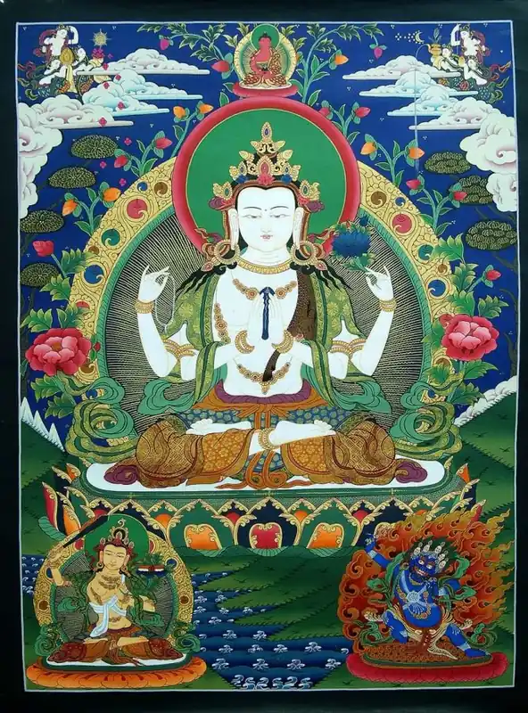 Thangka de Chenrezig avec Vajrapani et Manjushri