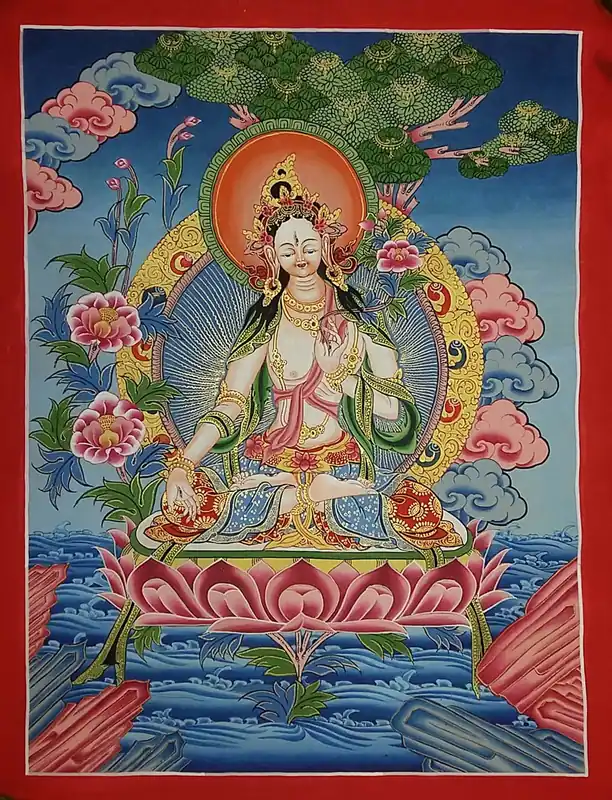 White Tara – Thangka de couleur traditionnelle
