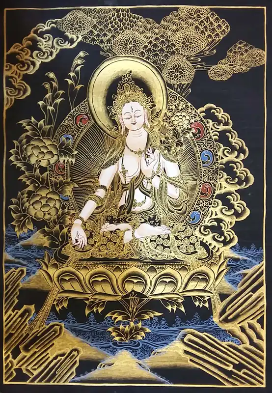 White Tara – Thangka blanche, noire et dorée