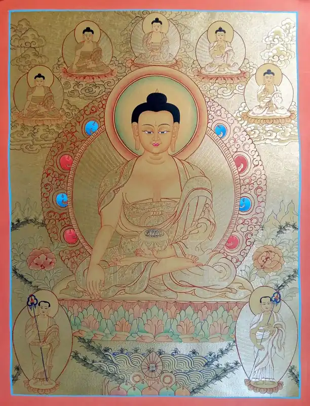 Shakyamuni Buddha avec Thangka des Cinq Bouddhas