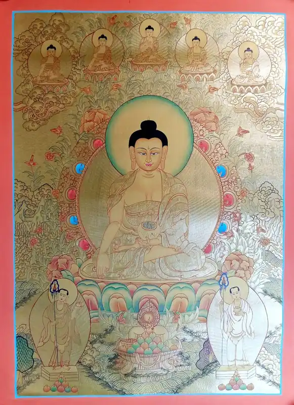 Shakyamuni Buddha avec Thangka des Cinq Bouddhas