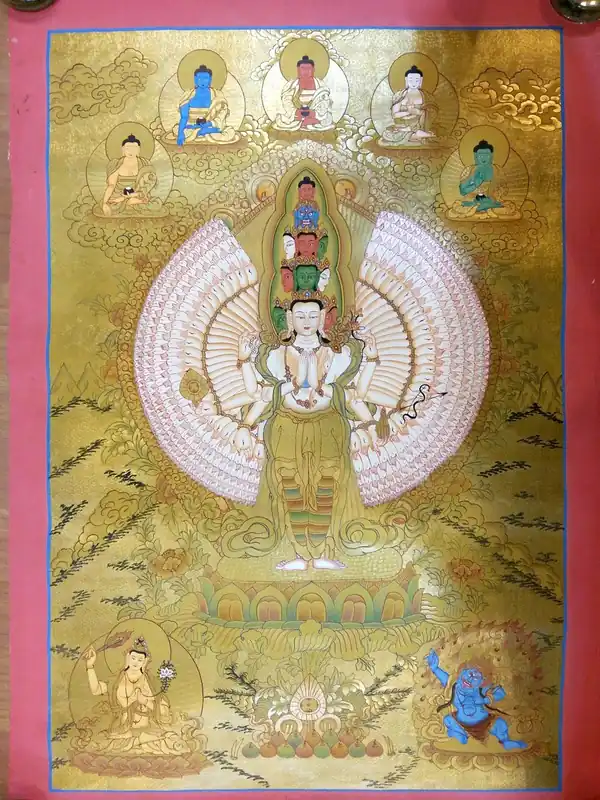 Avalokitesvara avec 5 Dhany Bouddha Thangka