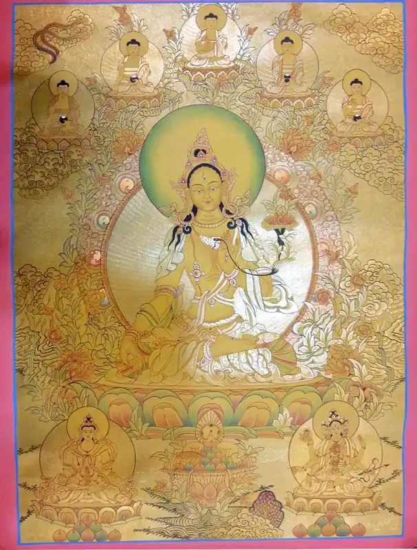 Tangka de la Tara Blanche Dorée avec les 5 Bouddhas Dhyani