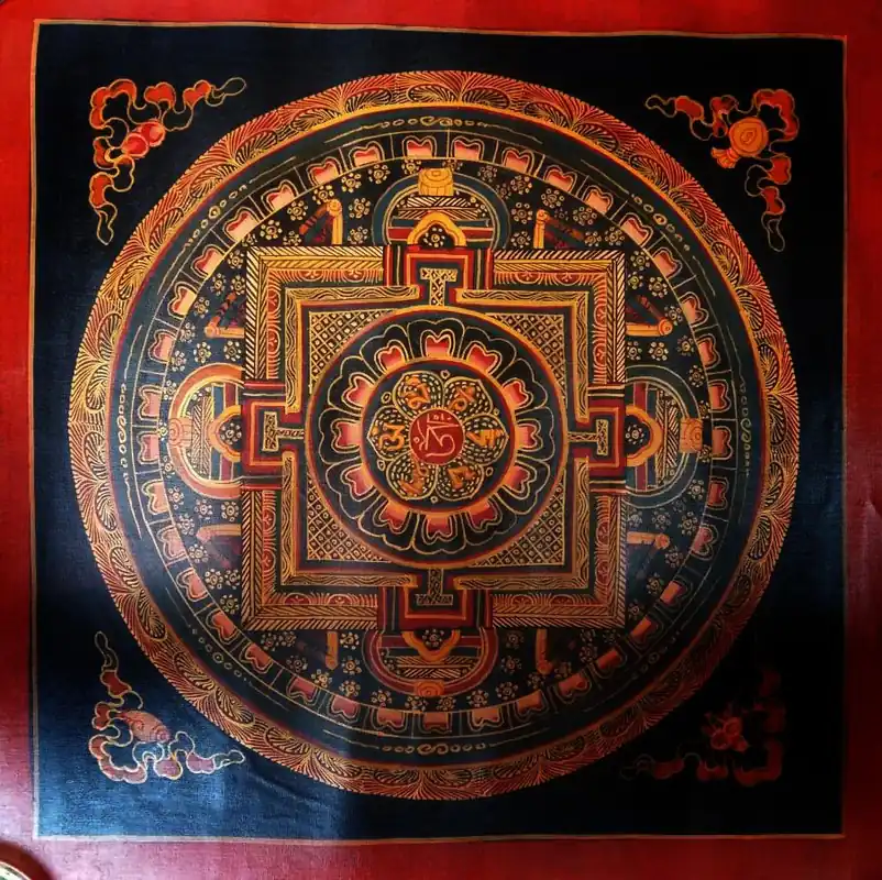 Peinture thangka bouddhiste du mandala Om huilé