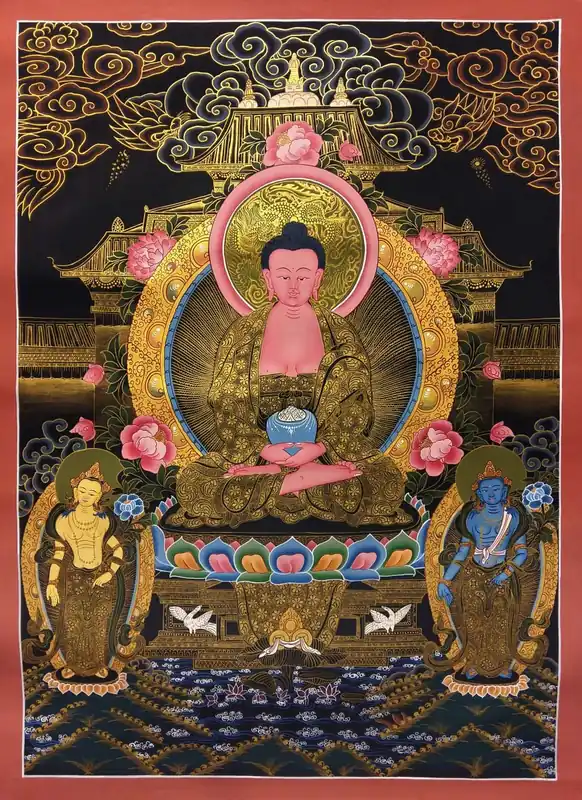 Thangka d’Amitabha Bouddha avec Deux Divinités