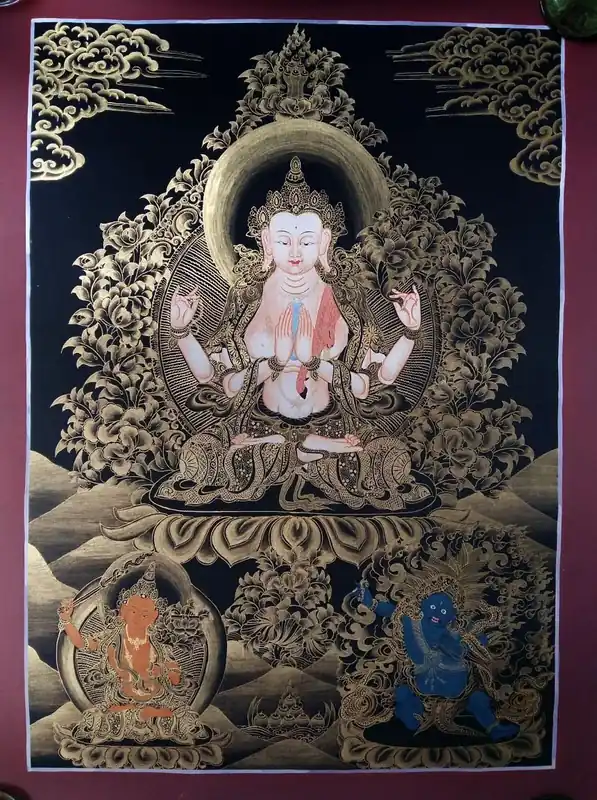 Peinture de Chenrezig Noir et Doré