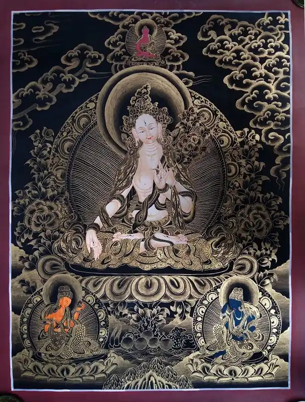Thangka de Tara Blanche et Tara Noire en Or