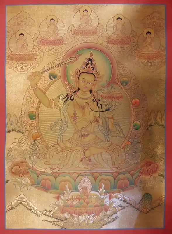 Manjushri avec peinture thangka des Pancha Bouddhas