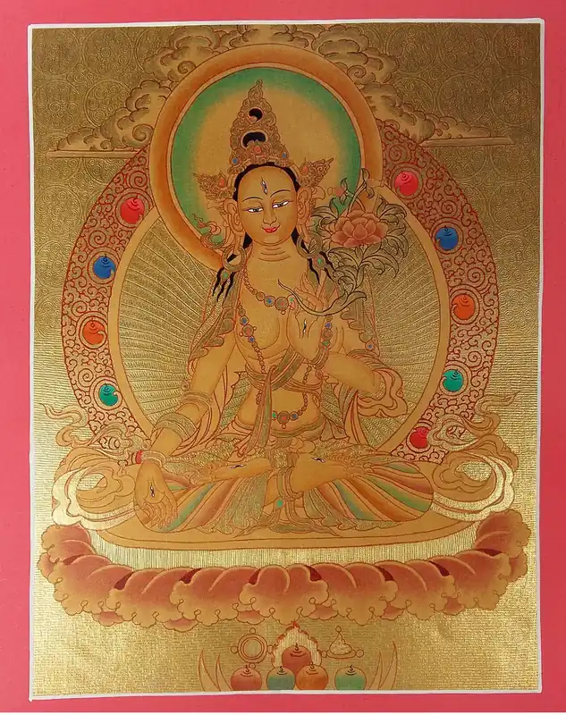 Peinture Thangka de la Déesse Blanche Tara en Or