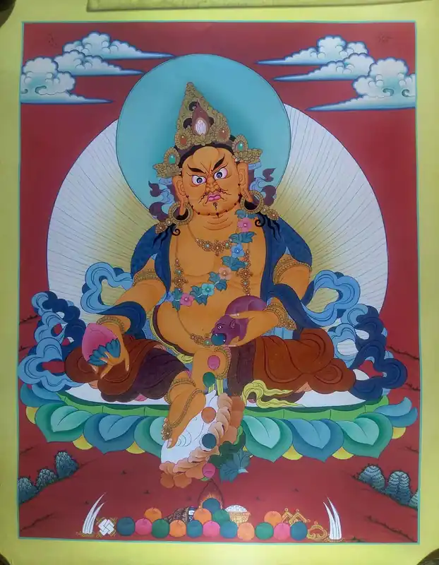 Thangka de Jambhala Jaune avec fond rouge