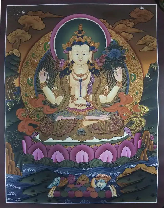 Thangka tibétain du Bodhisattva Chenrezig