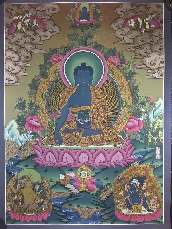Thangka tibétain du Bouddha de la Médecine avec Manjushri et Vajrapani
