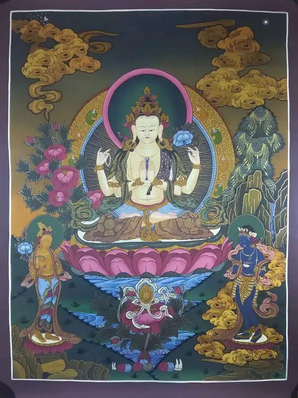 Chenrezig avec 2 déesses offrantes Thangka