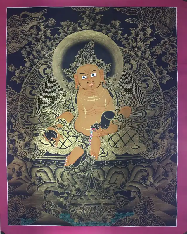 Thangka de Jambhala Jaune avec un fond noir