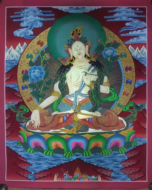 Thangka de la Tara Blanche avec un fond rouge