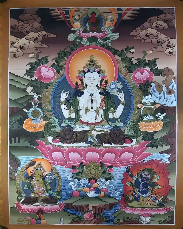 Chenrezig avec Manjushree & Vajrapani Thangka