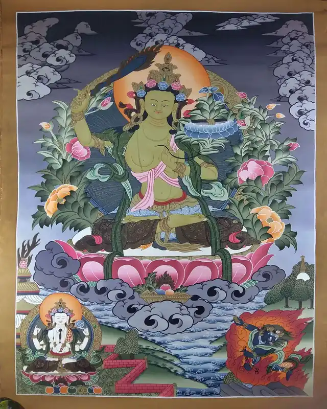 Thangka de Manjushree avec Chenrezig et Vajrapani
