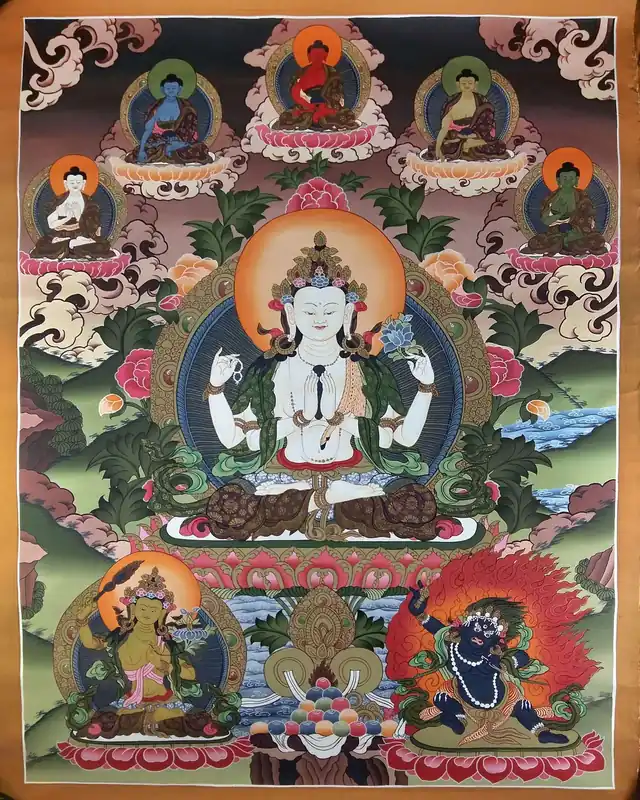 Thangka de Chenrezig avec les Pancha Bouddhas, Vajrapani et Manjushri