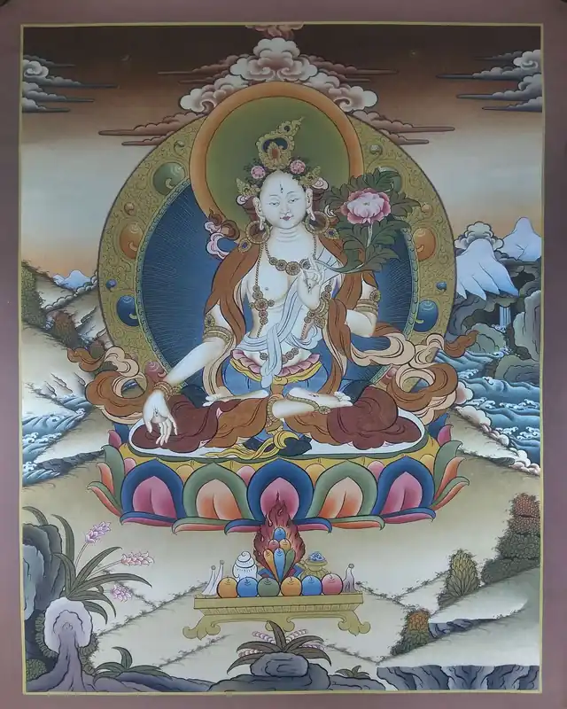 Thangka de la Tara Blanche tibétaine pour la méditation