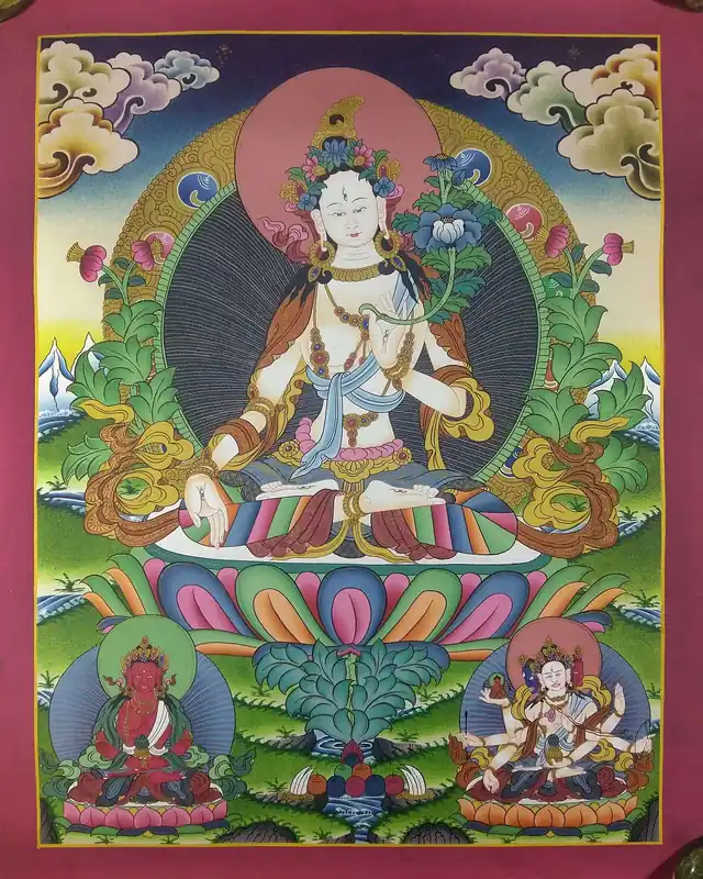 Thangka de White Tara avec Aparmita et Namgyalma