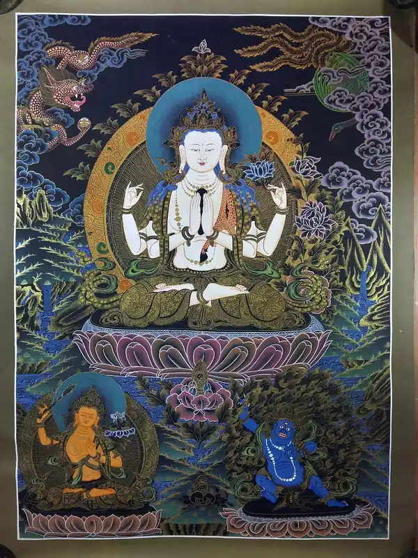 Thangka de Chenrezig avec Manjushri et Vajrapani