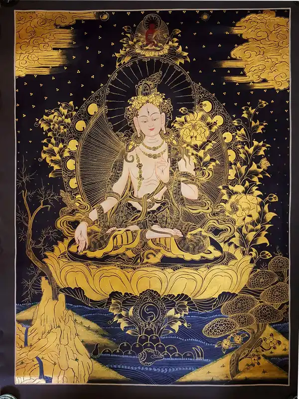 Thangka de la Déesse Blanche Tara – Noir & Or