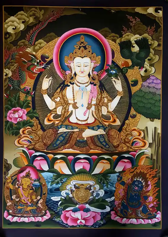 Thangka rituel de Chenrezig tibétain avec Vajrapani