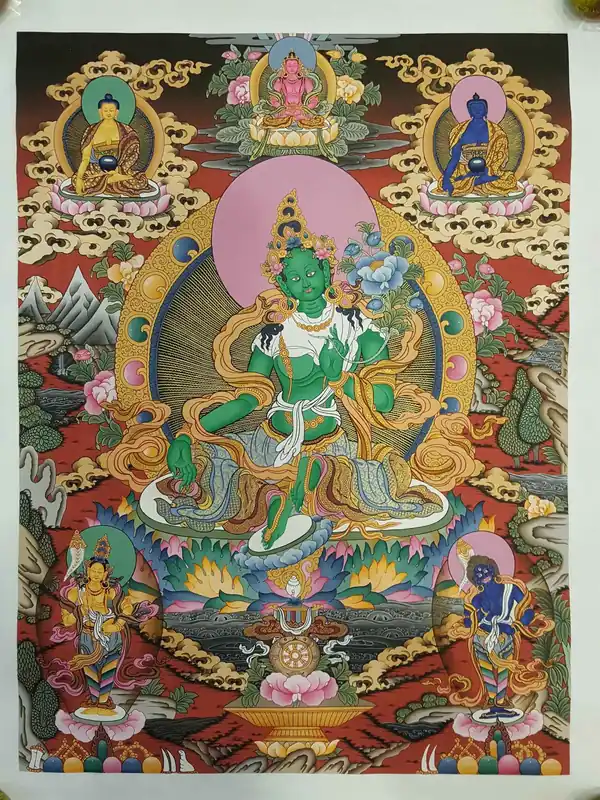 Green Tara avec 2 Déesses des Offrandes