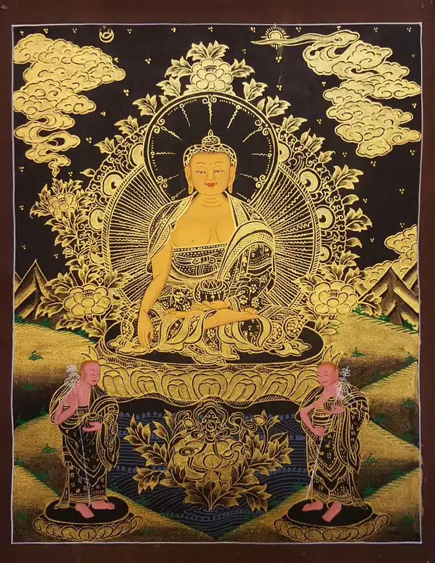 Bouddha Shakyamuni tibétain avec deux Bouddhas debout