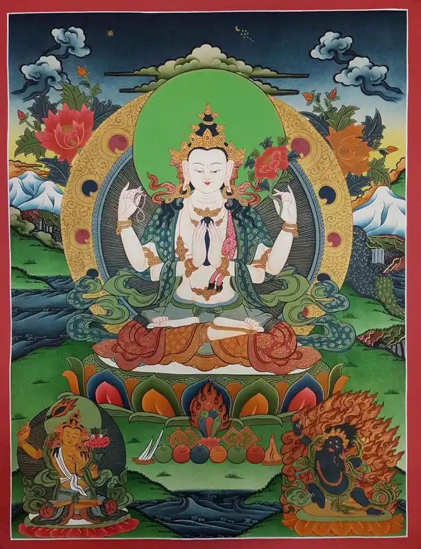 Thangka de Chenrezig avec Vajrapani